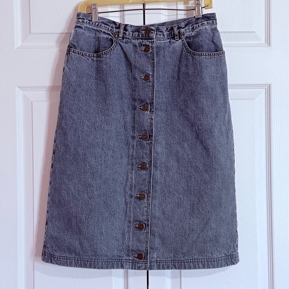 Eddie Bauer Sz 10 100% cotton denim A-line skirt, button front, flannel lining